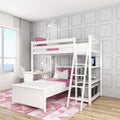 Modern kids' bedroom with white wooden bunk/loft bed, pink bedding and pillows, built-in study desk, gray paneled accent wall and large window