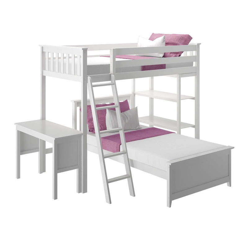 Modern white wooden loft bunk bed for kids with ladder, built-in desk and shelving, twin mattresses and pink accents