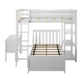 White wooden children's loft bed with ladder, guardrails, slatted mattress support, built-in shelves and storage bench on white background