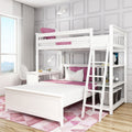 White wooden bunk bed with ladder and built-in desk in modern girls' bedroom featuring pink pillows, geometric rug, and natural light