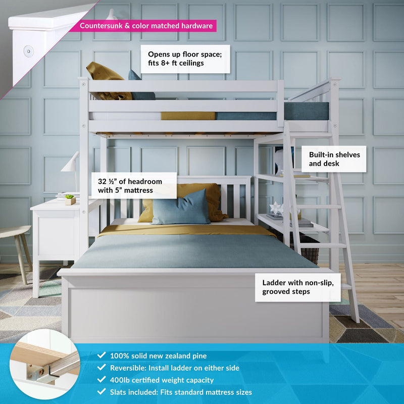 White solid pine loft bunk bed with space-saving built-in desk and shelves, non-slip grooved ladder and reversible design, fits 8+ ft ceilings and 400 lb capacity — modern kids' bedroom furniture