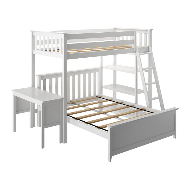 White wooden loft bed twin-over-full with ladder, built-in desk and shelving, slatted mattress supports — modern kids’ bedroom furniture