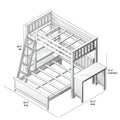 Black-and-white schematic of a wooden loft bunk bed frame with ladder, guardrails, slatted mattress supports and underbed desk, labeled dimensions 96 1/4 in long × 81 1/2 in wide × 68 1/2 in tall, ideal twin-over-full bunk bed blueprint