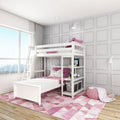 Modern kids' bedroom with white bunk bed, pink pillows and geometric rug, gray paneled wall, ladder, storage baskets and large window with city view