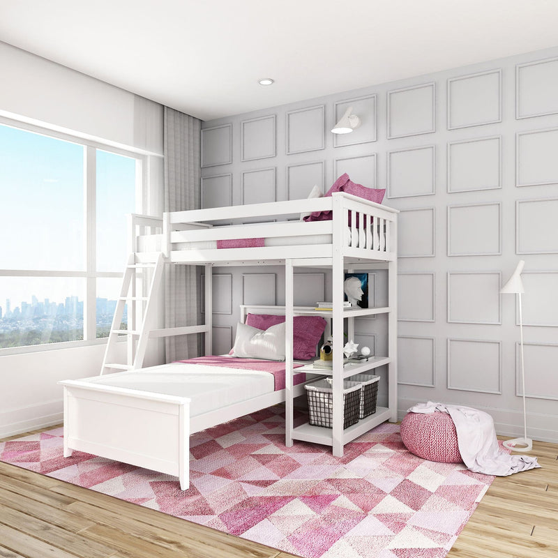 Modern kids' bedroom with white bunk bed, pink pillows and geometric rug, gray paneled wall, ladder, storage baskets and large window with city view