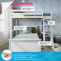 White solid pine loft bunk bed with ladder and built-in shelves, twin-over-twin space-saving design for kids’ bedroom, non-slip reversible ladder, fits 8+ ft ceilings