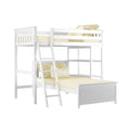 White wooden loft bunk bed with built-in ladder and yellow bedding, modern kids' bedroom furniture