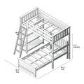 Assembly diagram of a wooden loft bunk bed frame with ladder, slatted mattress supports and under-bed storage space