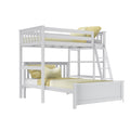 White wooden bunk bed with ladder and guardrails, styled with pale yellow bedding and textured pillows on a white background