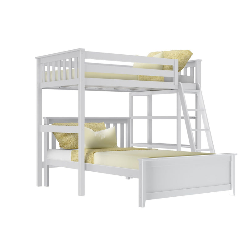 White wooden bunk bed with ladder and guardrails, styled with pale yellow bedding and textured pillows on a white background