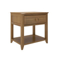 Mid-century modern oak bedside table with single drawer, round wooden knob and open lower shelf — nightstand for bedroom storage