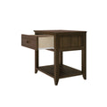 Dark brown wooden nightstand end table with single open drawer and lower shelf, modern bedside table for bedroom storage