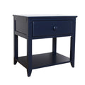 Navy blue wooden nightstand with single drawer and open lower shelf — modern bedside table for bedroom storage and decor