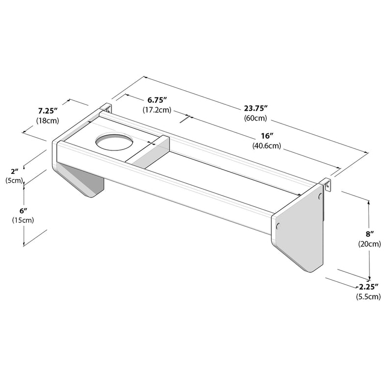 Wall-mounted shelf with built-in cup holder and mounting brackets — technical line drawing with dimensions 23.75″ L x 7.25″ D x 8″ H (60 x 18 x 20 cm) and detailed measurements, ideal bathroom or kitchen storage product listing
