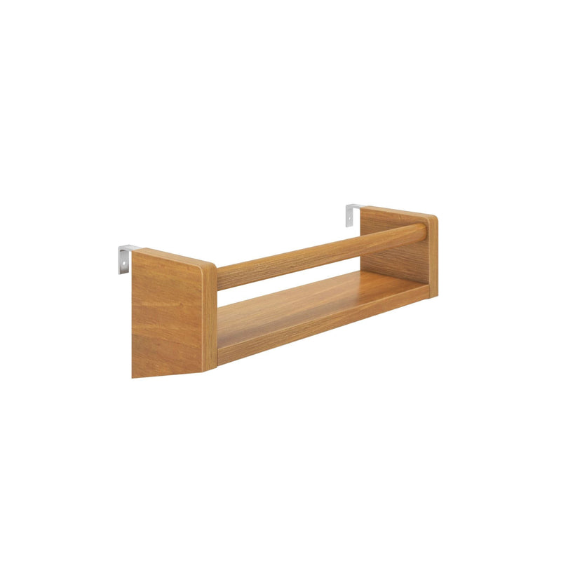 Wooden wall-mounted shelf with metal brackets, ideal for home storage and organization.