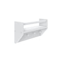 White wall-mounted shelf with hooks for versatile storage solutions.