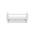 White wooden wall-mounted storage shelf with hooks for home organization.