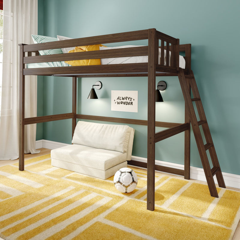 Wooden loft bed with ladder in a teal kids' bedroom, yellow geometric rug, soccer ball, wall sconces and cozy reading nook