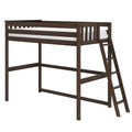 Dark brown wooden loft bed frame with ladder and slatted guardrails, twin loft bed for space-saving under-bed storage