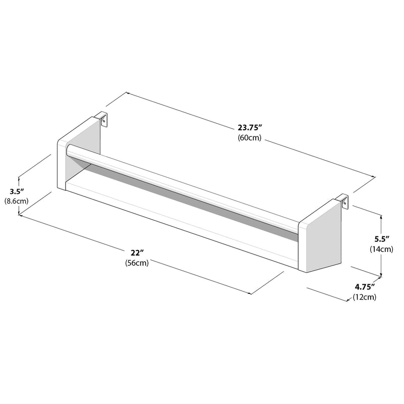 Diagram showing dimensions of a wall-mounted shelf: 23.75 inches wide, 5.5 inches high, 3.5 inches deep, with 22-inch length across the base.