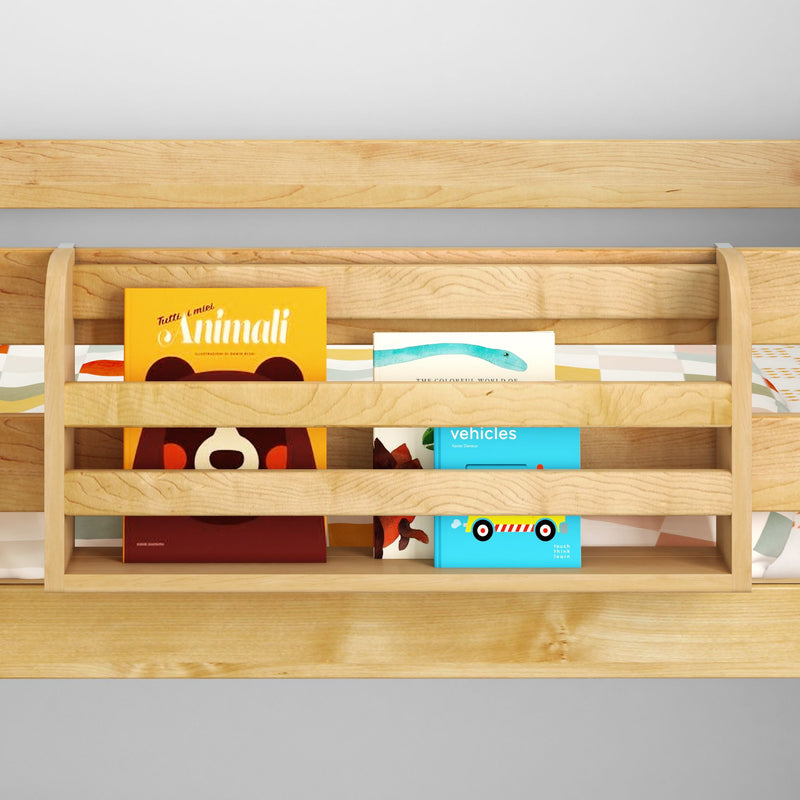 Light wooden wall-mounted children's bookshelf displaying colorful board books and illustrated covers for nursery decor and kids' book storage