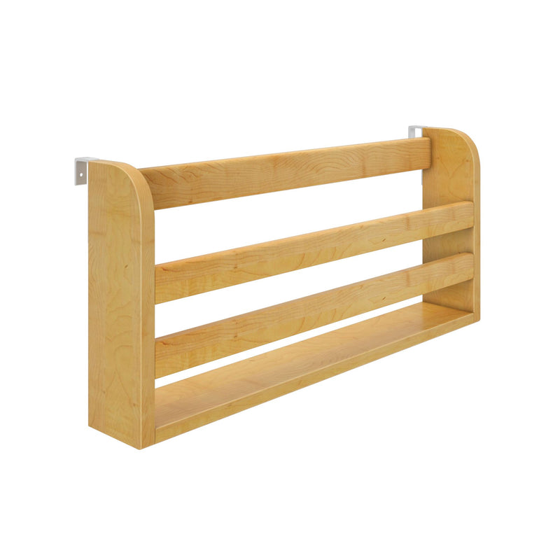 Light maple slatted wooden wall rack with metal mounting brackets, horizontal storage shelf for kitchen, bathroom, or entryway
