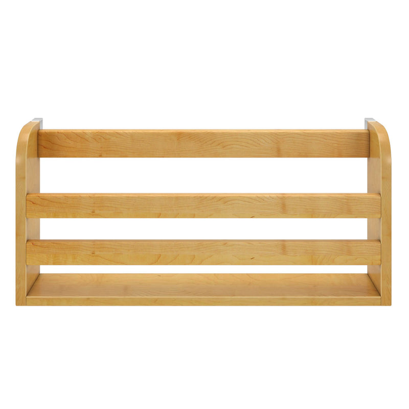 Light maple wood slatted bed headboard with horizontal rails and natural wood grain on white background