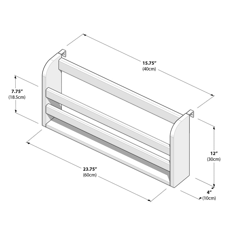 Isometric technical drawing of a wooden wall-mounted slatted shelf / magazine rack with labeled dimensions 23.75" (60cm), 15.75" (40cm), 12" (30cm), 7.75" (18.5cm) and 4" (10cm), showing mounting brackets and slatted shelves