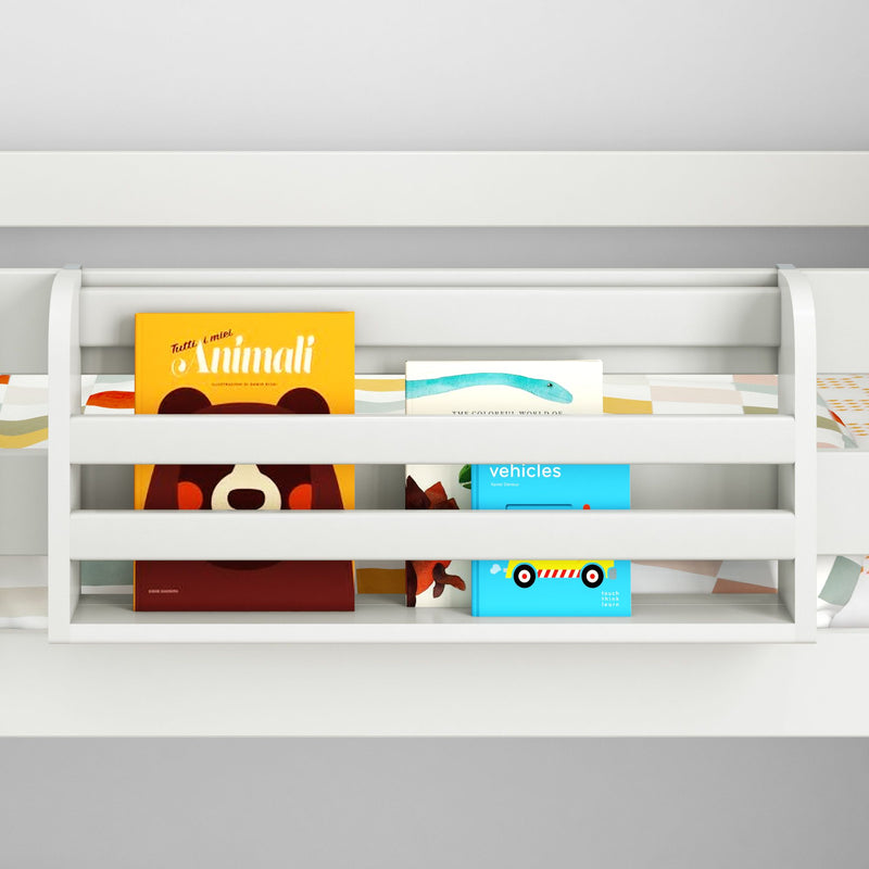 White children's bookshelf filled with colorful board books and picture books, modern nursery storage and kids room decor