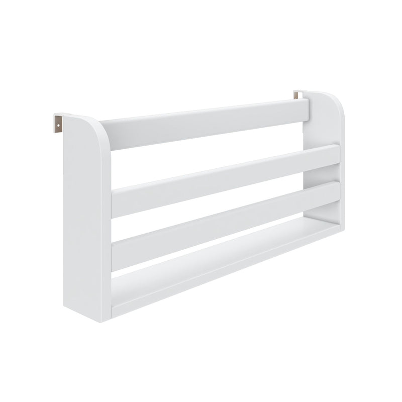 Close-up of a modern white slatted wooden headboard or wall panel with rounded end posts, horizontal slats, and a visible metal wall-mount bracket