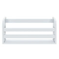 White wooden three-tier slatted wall shelf on white background, modern minimalist storage shelving for bathroom, kitchen, or living room