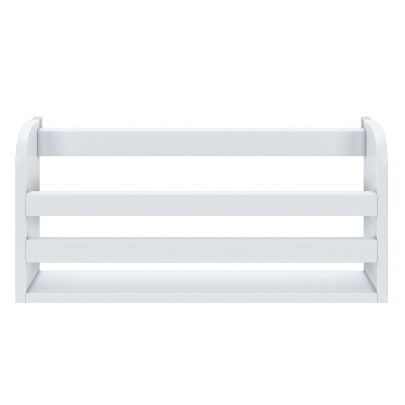 White wooden three-tier slatted wall shelf on white background, modern minimalist storage shelving for bathroom, kitchen, or living room