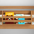 Wooden wall-mounted children's bookshelf filled with colorful board books, ideal nursery decor and playroom storage solution