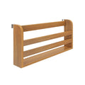 Wall-mounted natural oak slatted wooden shelf with horizontal slats and metal mounting brackets, modern storage organizer for bathroom or entryway