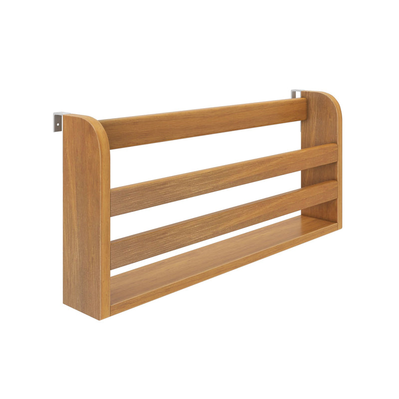 Wall-mounted natural oak slatted wooden shelf with horizontal slats and metal mounting brackets, modern storage organizer for bathroom or entryway