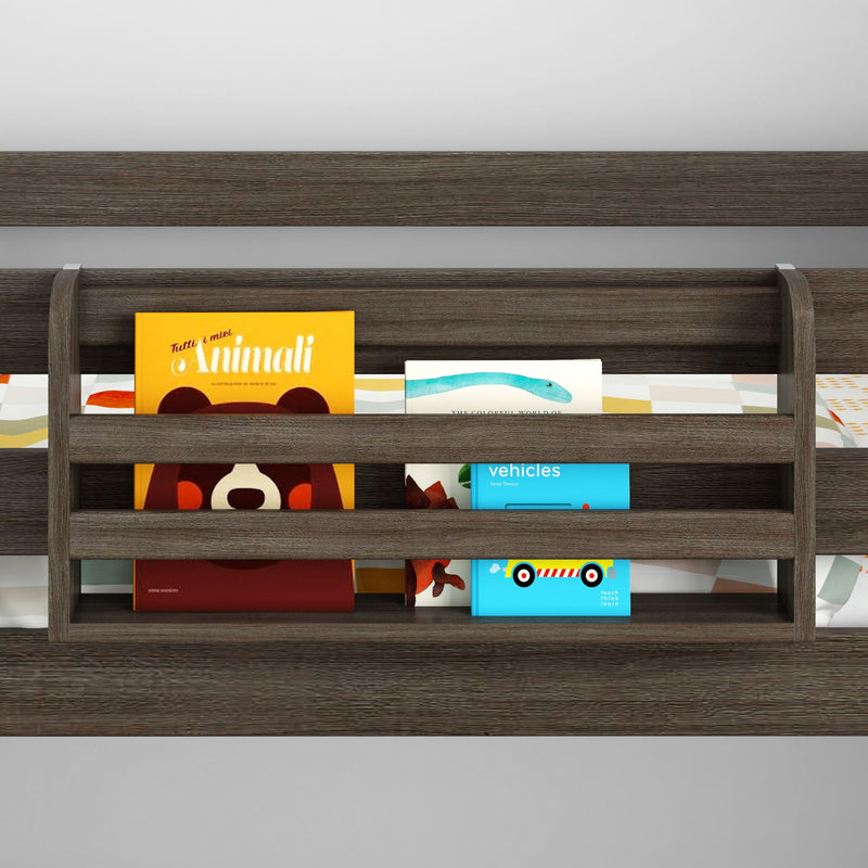 Dark wood wall-mounted three-tier children's bookshelf displaying colorful board books (animals, vehicles) in a nursery