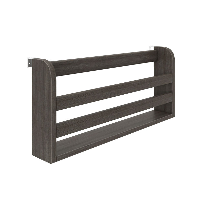 Modern dark gray wood slatted bed headboard and guardrail with rounded end posts and white metal mounting brackets