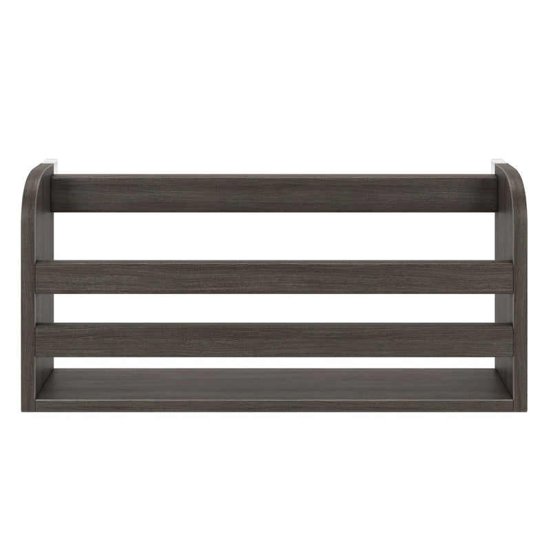 Modern dark gray wood slatted headboard with horizontal panels and rounded vertical posts for bedroom furniture