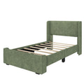 Green upholstered bed frame with tall padded headboard and wooden slats, modern platform bed for bedroom