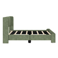 Green upholstered platform bed frame with wooden slats and rounded padded headboard