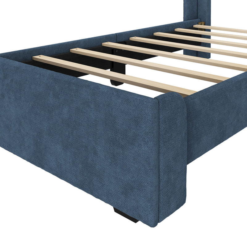 Blue upholstered platform bed frame with exposed wooden slats and center support, modern fabric-covered base