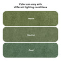 Textured green upholstery fabric swatches labeled "Warm," "Neutral," and "Cool," demonstrating how fabric color can vary under different lighting conditions
