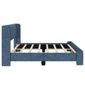 Blue upholstered platform bed frame with tall rounded headboard, wooden slat mattress support and low-profile footboard — modern fabric bed for bedroom furniture product listing