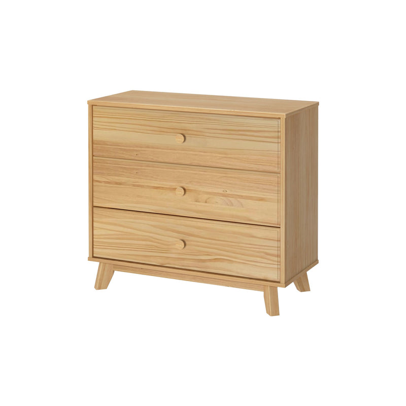 Natural pine wood 3-drawer dresser with round wooden knobs and mid-century modern angled legs, light finish bedroom storage chest