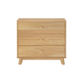 Light natural pine wood three-drawer dresser chest with round wooden knobs and angled legs, mid-century modern bedroom storage on white background