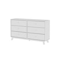 White mid-century modern six-drawer dresser with angled legs, minimalist wooden bedroom storage chest