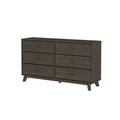 Mid-century modern six-drawer bedroom dresser in dark walnut finish, wooden chest of drawers with round knobs and angled legs