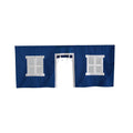 Blue fabric house facade with white window and door trim.