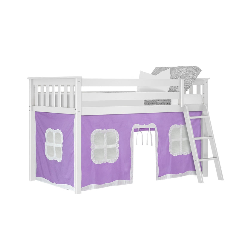Kids loft bed with ladder and purple playhouse tent, perfect for children's bedroom furniture.