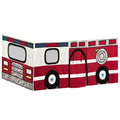Toy fire truck-themed play tent for kids in vibrant red with realistic details.